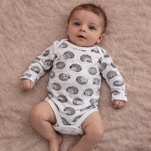 cloud island White Long-Sleeve Baby One-Piece with Black Hedgehog Print